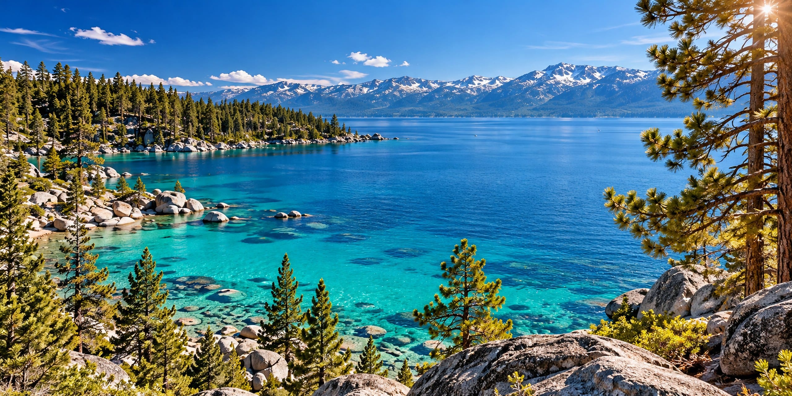 A turquoise cove on Lake Tahoe ringed by granite boulders, with pines on both shores and snow-capped mountains across the lake under a blue sky